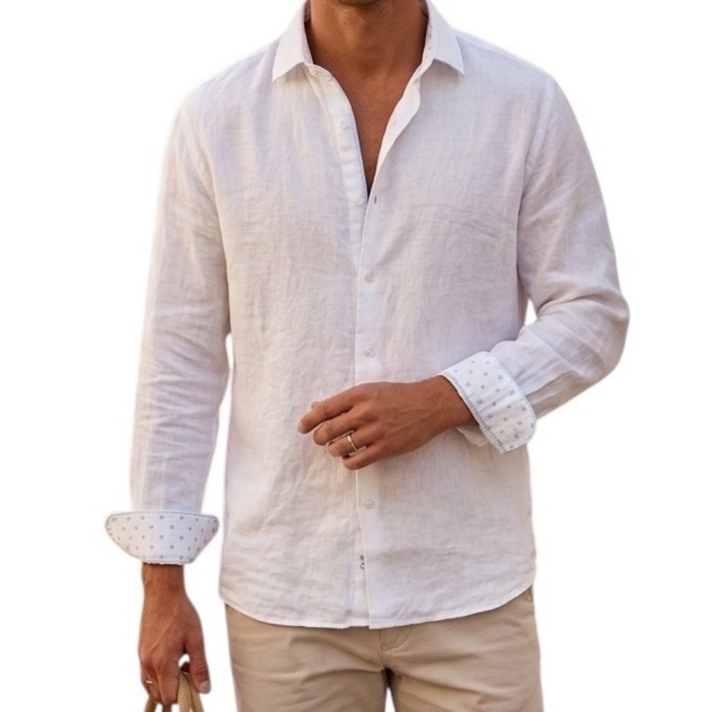 Porter & Ash Mens White 100% Linen Long Sleeve Button Down Shirt Contrast Cuffs